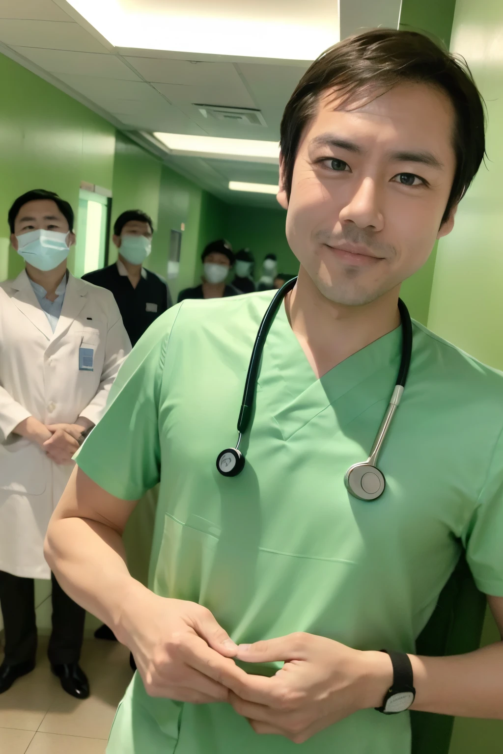 male, alone, (Male nurse), Short sleeve, (Medical scrub), Green Scrub, Stylish scrubs, Green Costume,  Photo Name Plate, Stethoscope, Medical equipment, Bright hallway, Hospital corridor, Are standing, Supporting, smile