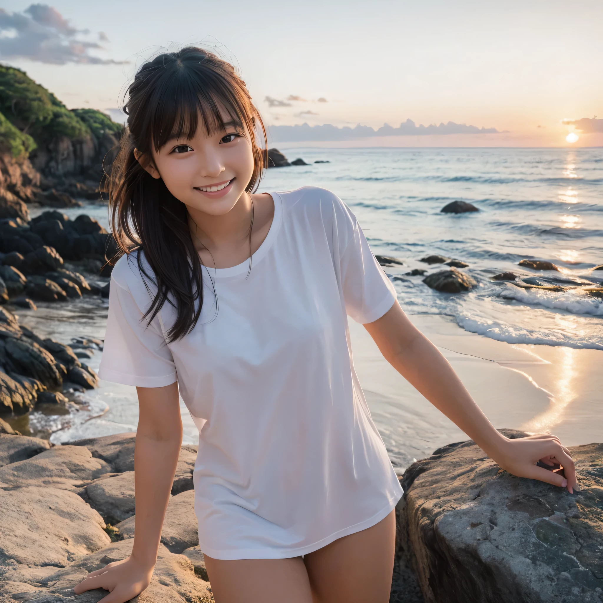 young Japanese girl portrait, small island beach, rugged rocky shore, beautiful rock scenery background, smiling, wearing a white t-shirt, modern casual fashion, summer evening sunset, cohesive colors