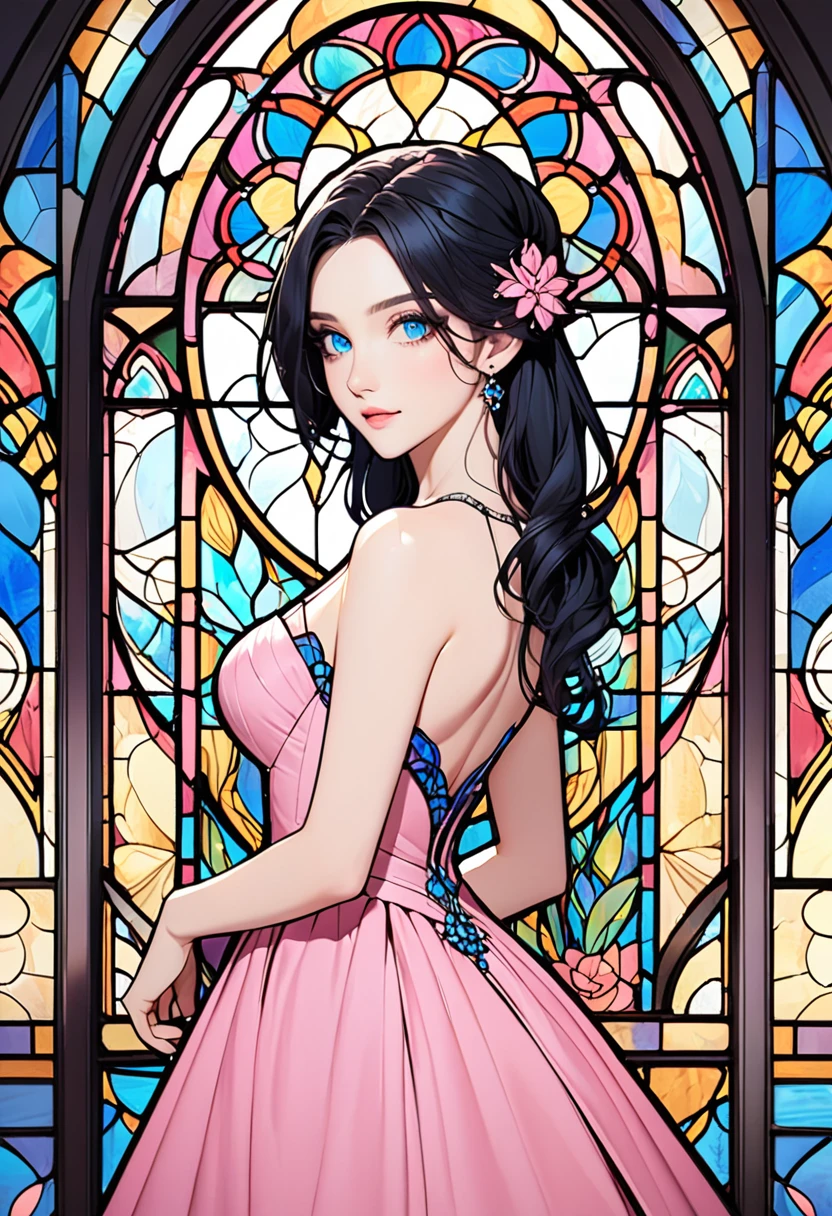 Beautiful grown up woman with long black hair and blue eyes, fair skin and Wearing an elegant pink dress,  stained glass window