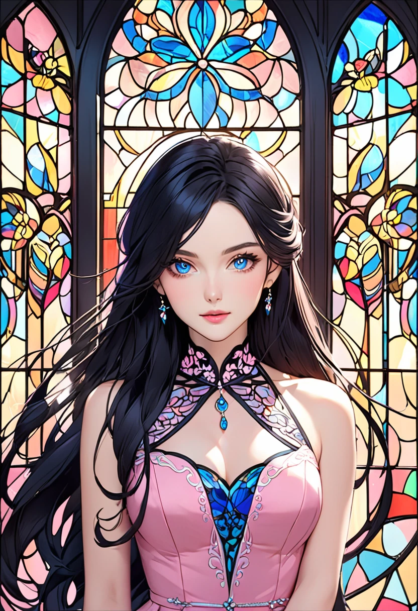 Beautiful grown up woman with long black hair and blue eyes, fair skin and Wearing an elegant pink dress, stained glass window