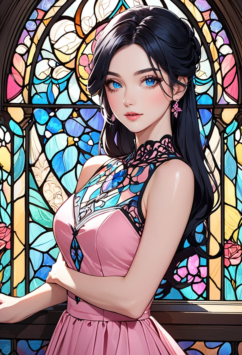 Beautiful grown up woman with long black hair and blue eyes, fair skin and Wearing an elegant pink dress, stained glass window
