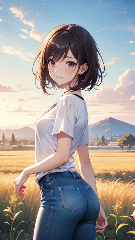 Highest quality, masterpiece, Ultra-high resolution, 8k,,Spring Sky,((Spring Outfits)),Show anime style , One, Soft Line Art, Digital Enhancement, shojo anime touch, shojo manga core, Flowing fabric, close, Soft Drawing, Ultra High Definition Digital Anime Art, Clear facial depiction, Highly detailed girl manga character art, Ultra-detailed manga style, Highest qualityの色, 
(Short brown hair), Wet Hair,Staring at us from the front,Beautiful brown hair,Ultra-detailed clear brown eyes, Slightly thicker,Small breasts,Small butt,(((Teasing Smile))),
Summer field scenery,Summer clothing,T-shirt and jeans