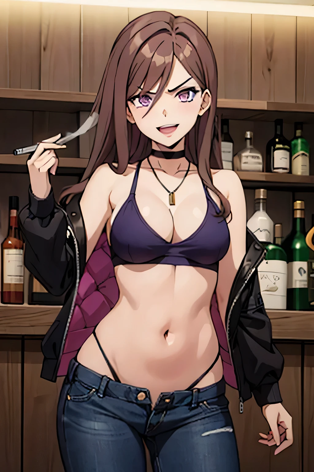 1girl, solo, claudia_synduality_noir, brown hair, purple eyes , long hair, choker, necklace, lipstick, blush, Hot girls, baddie, staring, glaring, bad attitude, mean girl, crazy, smoking, sensual, attractive, masterpiece,high quality,4k, bare shoulder,belly,crop top,holding pistol,cleavage,casual dress, bar background, inside bar, indoor,smile, open mouth, (nsfw) not safe for work, evil expression, exposed belly, exposed navel, exposed midriff, exposed lower belly, crop top overhang, underboob,jacket, unbuttoned jeans , low rise black jeans, Low rise jeans, Low rise jeans with open fly,