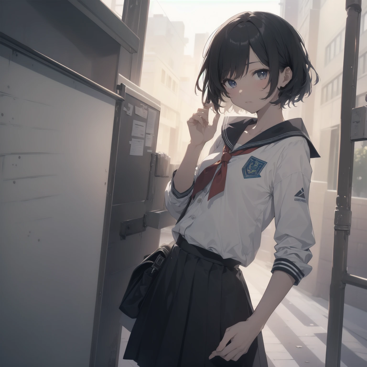 ultra-absurdres-Top quality by artist God, ultra-detailed, high resolution, anime moe artstyle, best anime 8k konachan wallpaper, pixiv contest winner, pool:2810, perfect anatomy,break, 1girl, (Please draw a girl walking sleepily to school alone. )break,(Solo,little female, 13-year-old:1.3),Full limbs, complete fingers,a junior high school student, (very short hair), short cut, flat chest, , small butt, small black eyes, beautiful detailed eyes, well-proportioned iris and pupils, expressive eyes, highres detailed hair, soft expression, salor school_uniform, sailor collar, serahuku, bow, pleated skirt,(Detailed Lighting), (Detailed background), in the School commute route. break,super detailed skin, Best cinematic lighting powered by famous artist, 8k,beauty illustration,photoshop_(medium),very aesthetic,break,((artist:zen_(kamuro) )), artist:clamp ,artist:carnelian ,artist:kantoku ,

