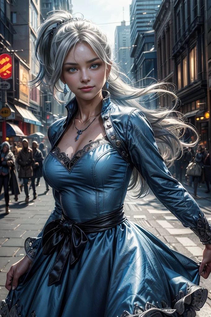(masterpiece, best quality:1.2), cowboy shot, dynamic pose, weissvale, smile, closed mouth, looking at viewer, blue dress, long white hair, side ponytail, scar above eye, scar below eye, jewelry, necklace, earrings, in city street (future_urban, crowd, (volumetric lighting), intricate details, tonemapping, sharp focus, hyper detailed