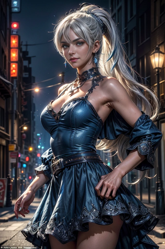 (masterpiece, best quality:1.2), cowboy shot, dynamic pose, weissvale, smile, closed mouth, looking at viewer, blue dress, long white hair, side ponytail, scar above eye, scar below eye, jewelry, necklace, earrings, in city street (future_urban, crowd, (volumetric lighting), intricate details, tonemapping, sharp focus, hyper detailed 