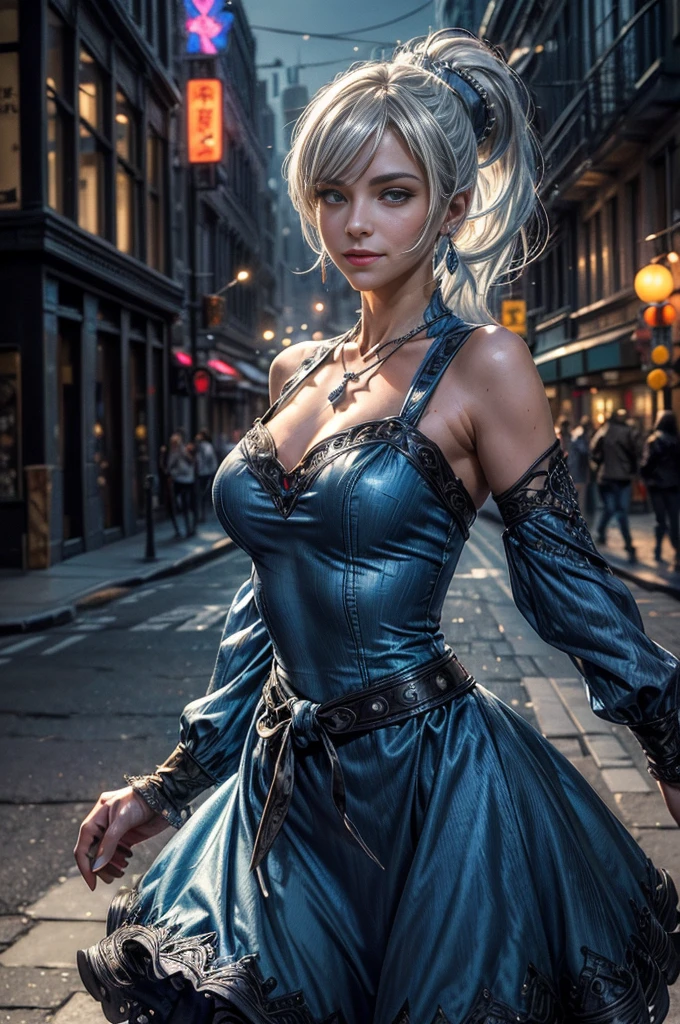 (masterpiece, best quality:1.2), cowboy shot, dynamic pose, weissvale, smile, closed mouth, looking at viewer, blue dress, long white hair, side ponytail, scar above eye, scar below eye, jewelry, necklace, earrings, in city street (future_urban, crowd, (volumetric lighting), intricate details, tonemapping, sharp focus, hyper detailed