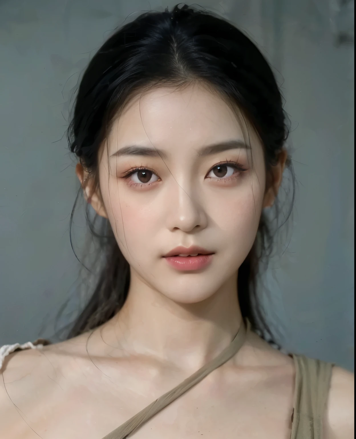 Close up of woman with long black hair, Karina of Espa, Retrato de Espa Yoon Ji-min, Karina of Espa, Espa Yoon Ji-min, Korean folk cosmetics, 원영 de IVE, Portrait of Karina, Pastel pink skin tone, Karina of Espa, Korean folk cosmetics.