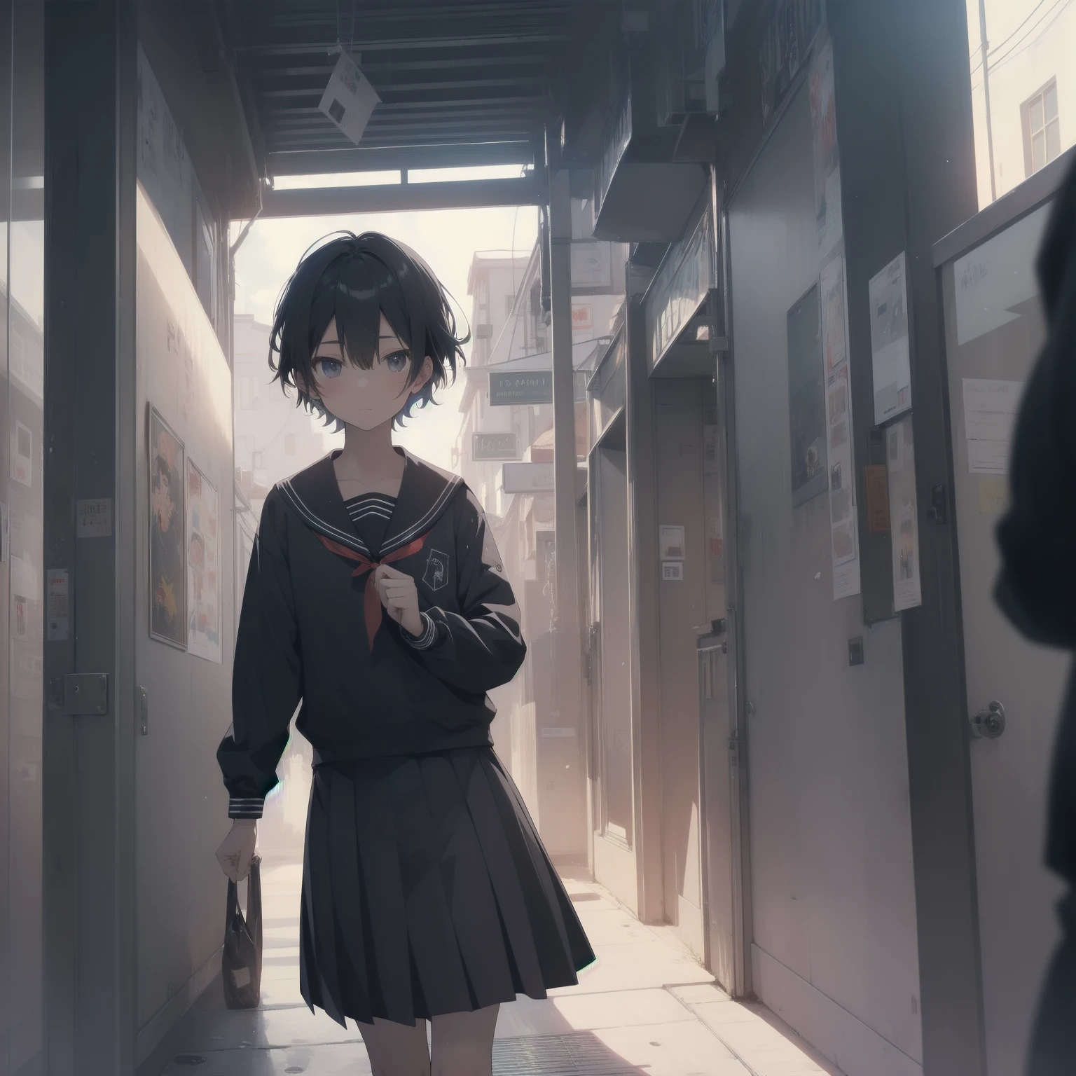 ultra-absurdres-Top quality by artist God, ultra-detailed, high resolution, anime moe artstyle, best anime 8k konachan wallpaper, pixiv contest winner, pool:2810, perfect anatomy,break, 1girl, (Please draw a girl walking sleepily to school alone. )break,(Solo,little female, 13-year-old:1.3),Full limbs, complete fingers,a junior high school student, (very short hair), short cut, flat chest, , small butt, small black eyes, beautiful detailed eyes, well-proportioned iris and pupils, expressive eyes, highres detailed hair, soft expression, salor school_uniform, sailor collar, serahuku, bow, pleated skirt,(Detailed Lighting), (Detailed background), in the School commute route. break,super detailed skin, Best cinematic lighting powered by famous artist, 8k,beauty illustration,photoshop_(medium),very aesthetic,break,((artist:zen_(kamuro) )), artist:clamp ,artist:carnelian ,artist:kantoku ,