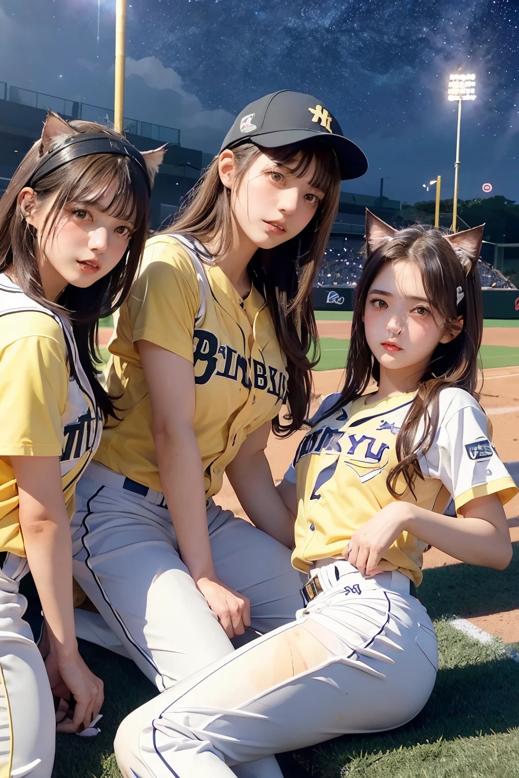 Three Girls, Long Hair, High resolution, Blushing, (Playing Baseball:1.5), (MLB:1.4), Open your mouth, (Cat ears:1.3), Pink eyes, (Baseball uniform:1.3), (Yellow helmet:1.3),
(Starry Sky:1.6),Masterpiece, (From below:1.4)