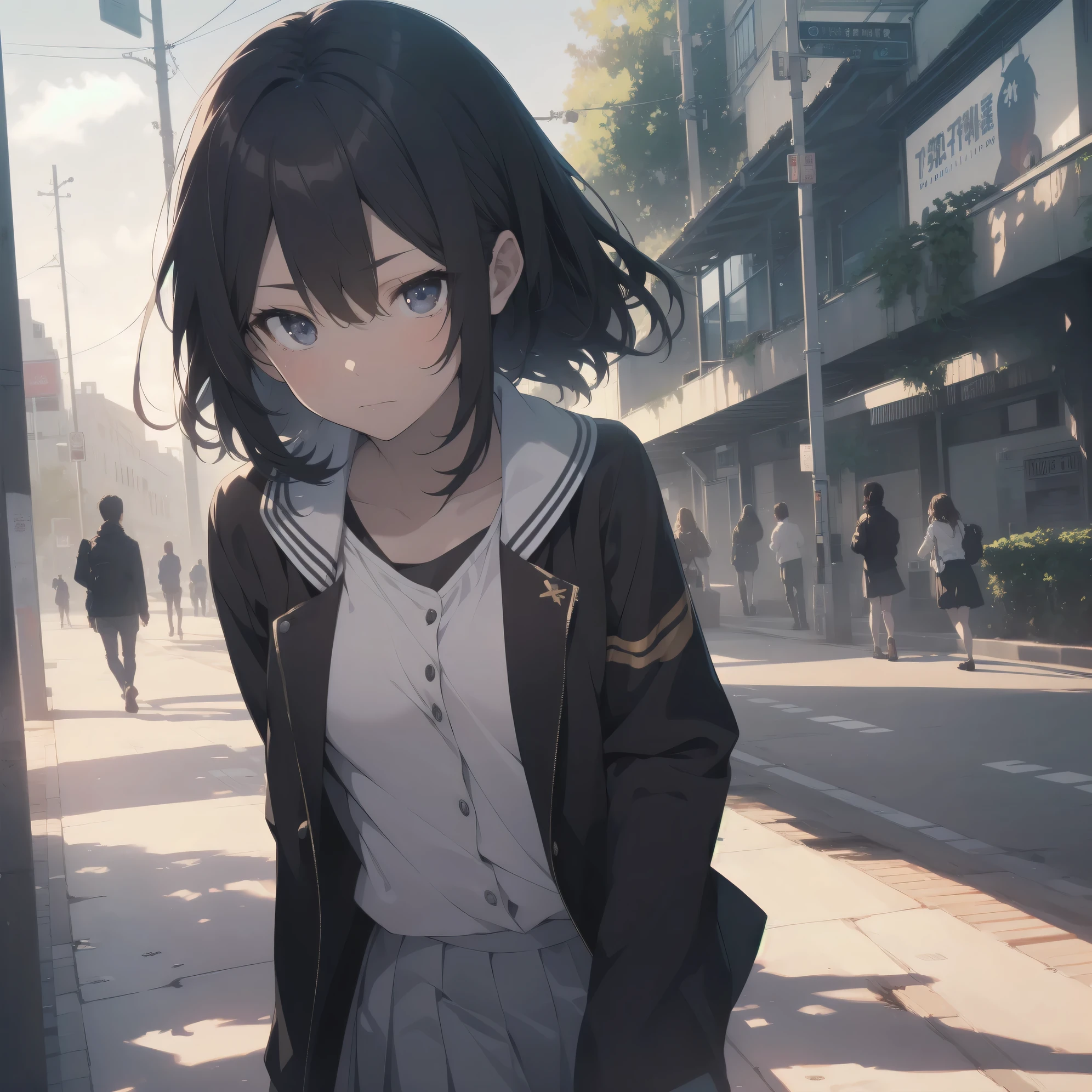 ultra-absurdres-Top quality by artist God, ultra-detailed, high resolution, anime moe artstyle, best anime 8k konachan wallpaper, pixiv contest winner, pool:2810, perfect anatomy,break, 1girl, (Please draw a girl walking sleepily to school alone. )break,(Solo,little female, 13-year-old:1.3),Full limbs, complete fingers,a junior high school student, (very short hair), short cut, flat chest, , small butt, small black eyes, beautiful detailed eyes, well-proportioned iris and pupils, expressive eyes, highres detailed hair, soft expression, salor school_uniform, sailor collar, serahuku, bow, pleated skirt,(Detailed Lighting), (Detailed background), in the School commute route. break,super detailed skin, Best cinematic lighting powered by famous artist, 8k,beauty illustration,photoshop_(medium),very aesthetic,break,((artist:zen_(kamuro) )), artist:clamp ,artist:carnelian ,artist:kantoku ,