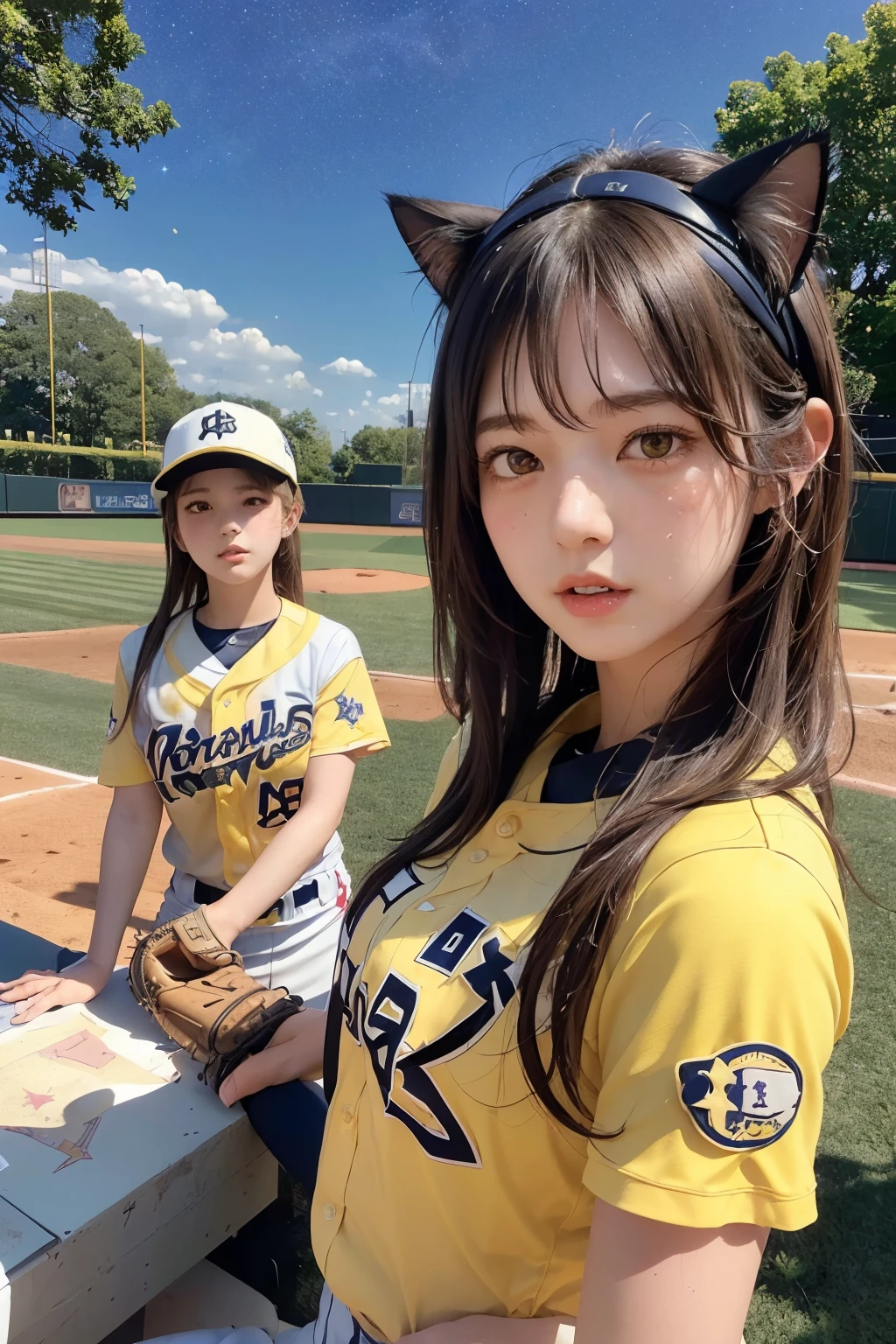 Three Girls, Long Hair, High resolution, Blushing, (Playing Baseball:1.5), (MLB:1.4), Open your mouth, (Cat ears:1.3), Pink eyes, (Baseball uniform:1.3), (Yellow helmet:1.3),
(Starry Sky:1.6),Masterpiece, (From below:1.4)