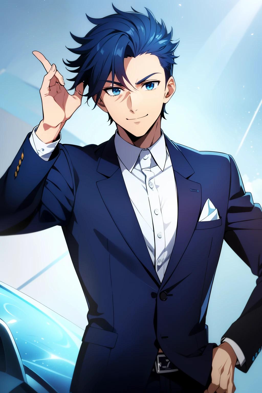 (high-quality, breathtaking), (expressive eyes, perfect face) 1boy, male, solo, dark blue color hair, blue eye color, curly spiky hair, medium hair length, cute face, masculine face, suit, shirt, happy expression, smile, dynamic pose, stylish pose, over the shoulder