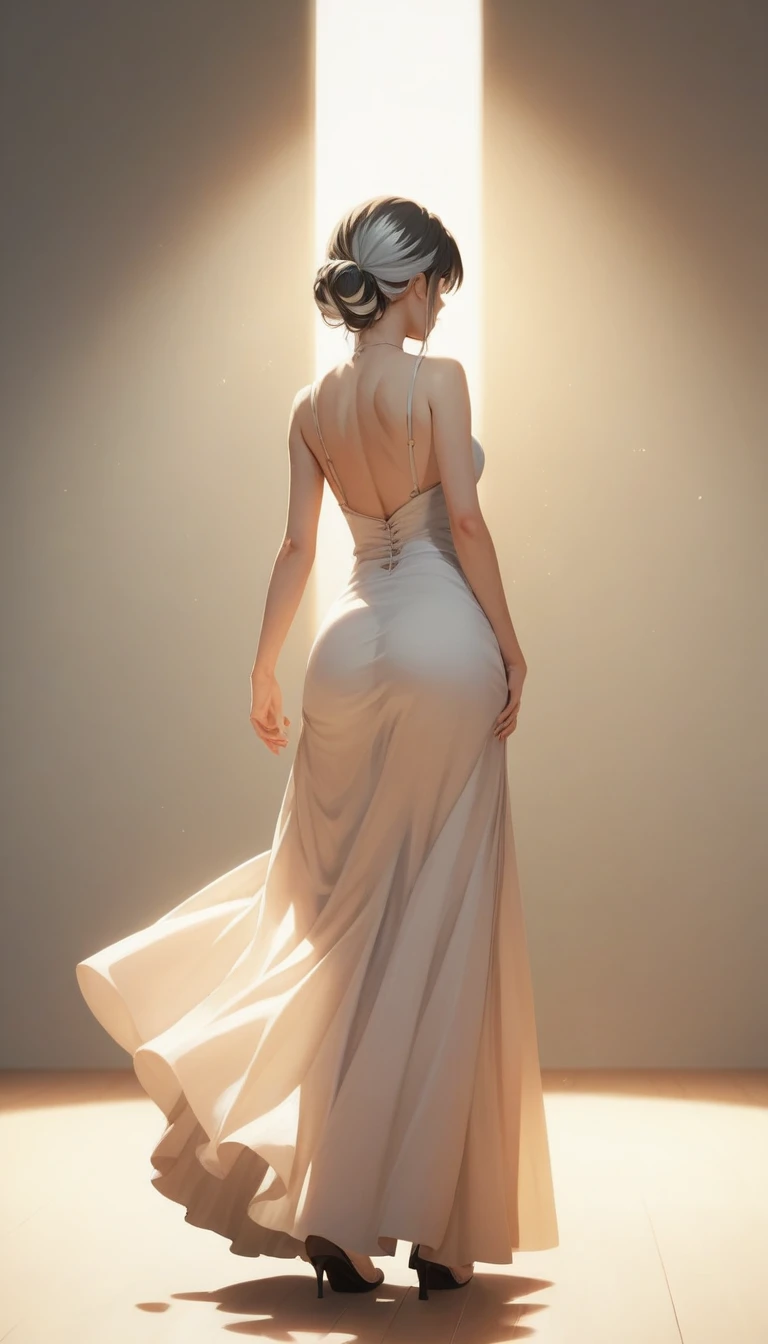 (Highest quality,8k,masterpiece:1.2),Very detailed,One Girl, Gray two-tone hair,dress,Long skirt,Beautifully detailed face, Complex,Dramatic lighting,4K,Detailed Background,Caustics,Portraiture,Full Body Shot,Looking at the audience,Rear view, Her ass is firm and nice and round、The curve is clear, Beautiful lighting enhances the overall atmosphere. Full Body Shotで彼女を魅力的に見せましょう.