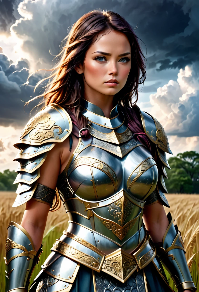 The female warrior's armor is a testament to her strength and determination. Each piece is intricately crafted, with symbols and designs that tell the story of her past battles. As she stands in the field, the stormy sky above seems to reflect her fierce spirit, ready to conquer any challenge that comes her way.