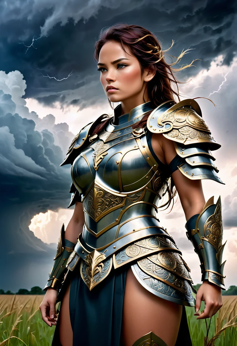 The female warrior's armor is a testament to her strength and determination. Each piece is intricately crafted, with symbols and designs that tell the story of her past battles. As she stands in the field, the stormy sky above seems to reflect her fierce spirit, ready to conquer any challenge that comes her way.