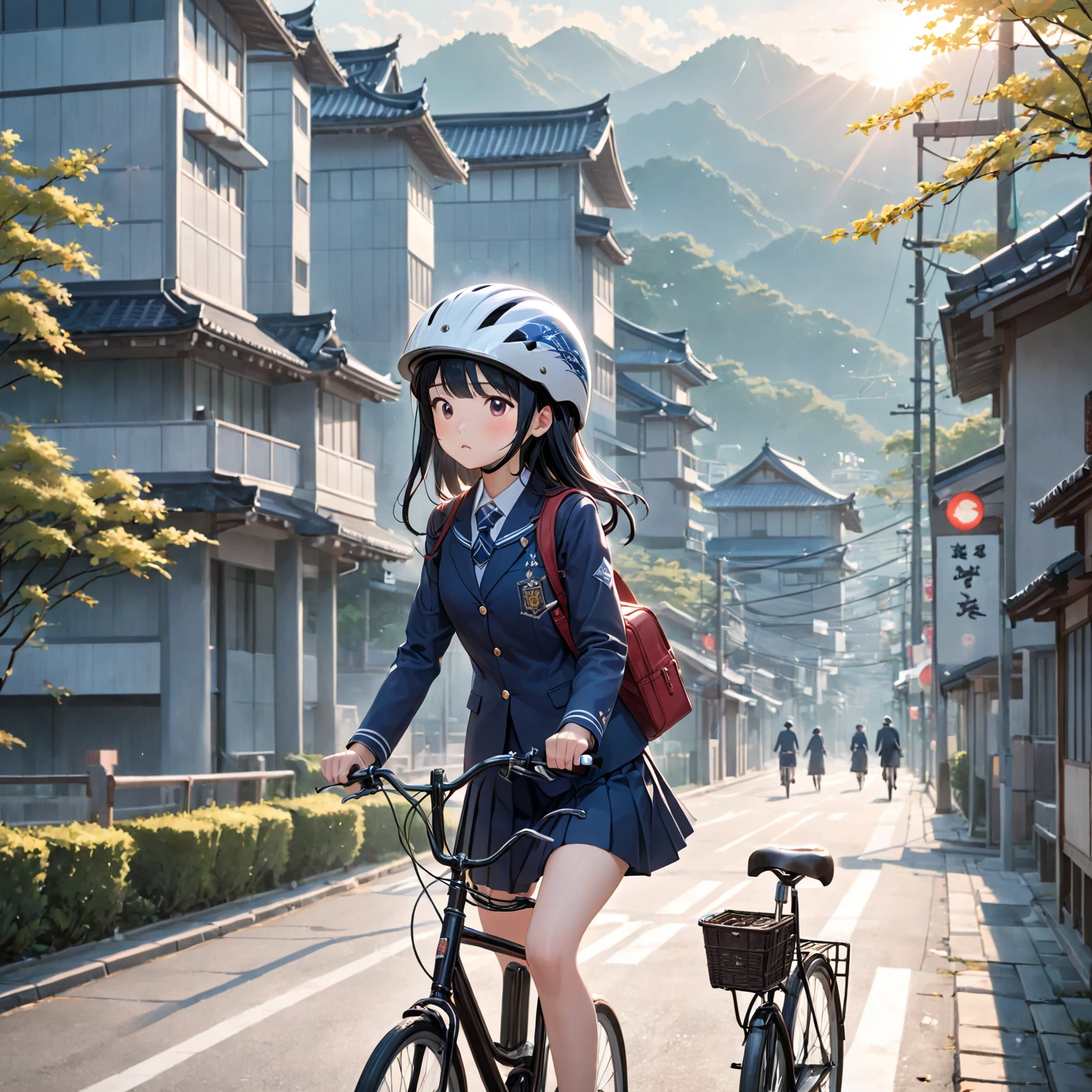 A young woman is wearing a helmet and riding a bicycle., good morning, Good young girl, high school girl, Promotional Art, Good day, Japanese girls uniform, Trending on cgstation, morning mood, Magic , Before noon, Beautiful Morning, cute , morning lighting, Jaeyoung Nam, wear , JK Uniform, Official artwork