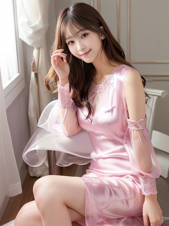 Photo-realistic quality、Pink Dressを着て椅子に座っている, Beautiful Japanese Women, Sexy Dress, Japanese female fashion model, beautiful young japanese female, Pink Dress,Cute Japanese Actress, Cute and elegant pose, A revealing and stylish dress, Translucent silk dress, dressed in a Pink Dress, Lovely lady、looking at the camera、Detailed and beautiful eyes、Cute smile、Relaxed and gentle expression