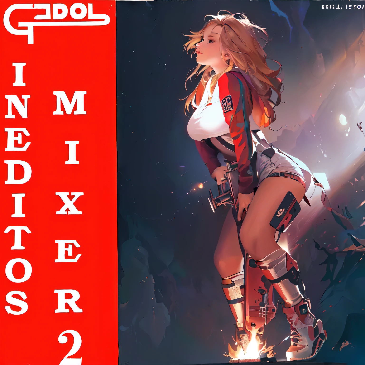 There is a woman standing on a drill with a fire in the background, cover art, album cover, mixed media, inspired by Cándido Bidó, album cover, 1988 vinyl cover, music album cover, album cover art, promotional art, by Candido Bido, album art, revenue, Promotional image, by Enrique Grau