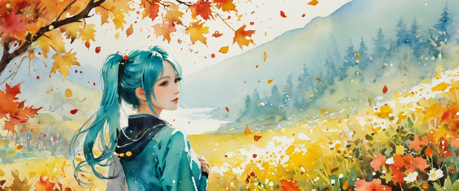 Hatsune Miku、((Masterpieces with up to 16K resolution):1.6), ((Intricate details):1.4), ((Very crazy details):1.4),((Highest quality):1.3),((Soft-colored 4K high-definition digital art):1.3). | (((watercolor:1.5))), ((watercolor painting):1.4), ((Paintings of Women by Agnes Cecil):1.3), ((Flowers):1.4), ((Bright design):1.3), ((Autumn Light):1.1), Gouache with Intricate detailss, pastel colour, Drops of ink, Fine brushwork has been improved, Careful brushwork creates a sense of atmosphere, Utilize delicate yet powerful brushwork techniques, Create an enchanting atmosphere. Very fine gouache, ((Unmatched clarity and clarity):1.1), ((Radiosity rendered in astonishing 32K resolution):1.3), All in sharp focus.