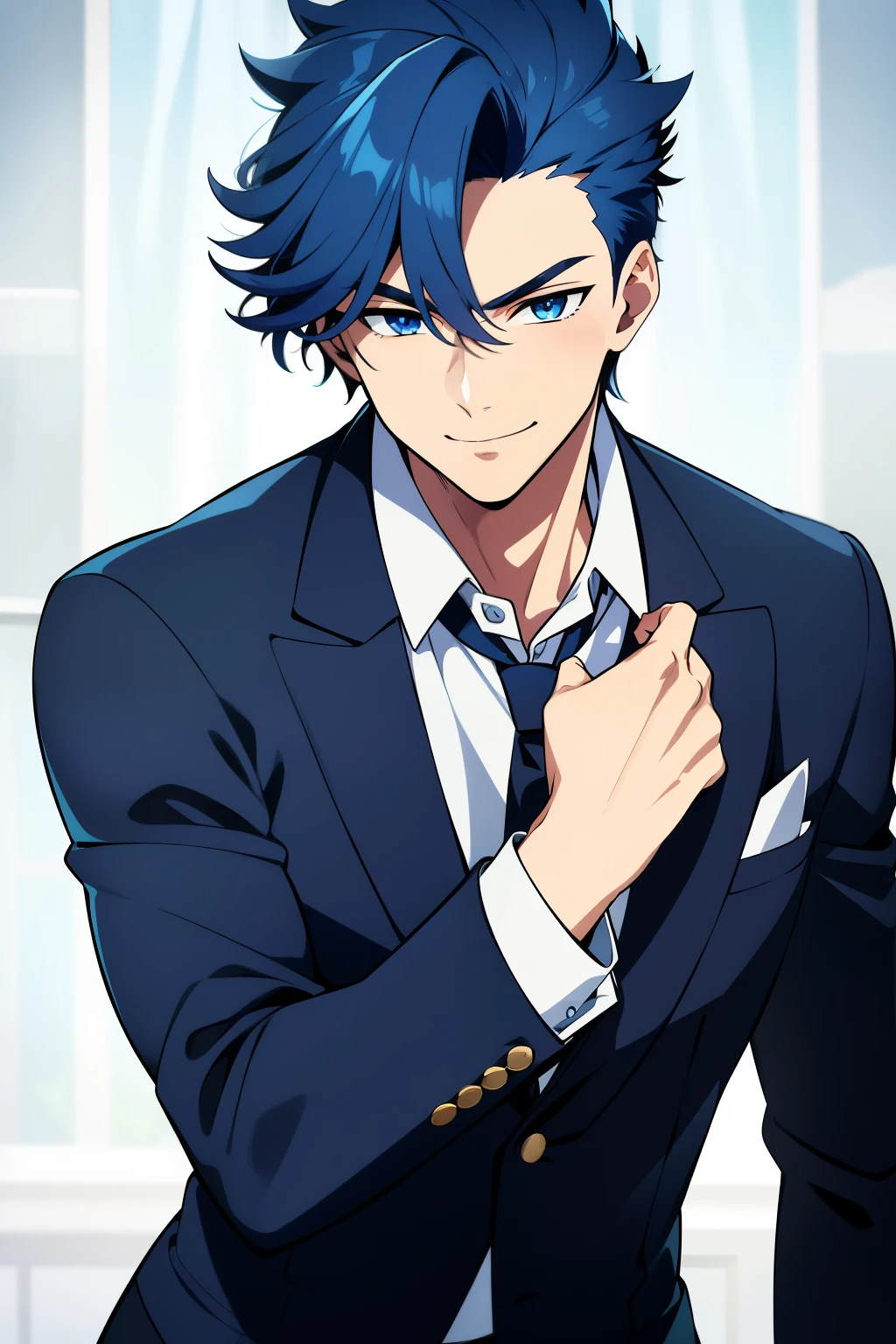 (high-quality, breathtaking), (expressive eyes, perfect face) 1boy, male, solo, dark blue color hair, blue eye color, curly spiky hair, medium hair length, cute face, masculine face, suit, shirt, happy expression, smile, dynamic pose, stylish pose, over the shoulder