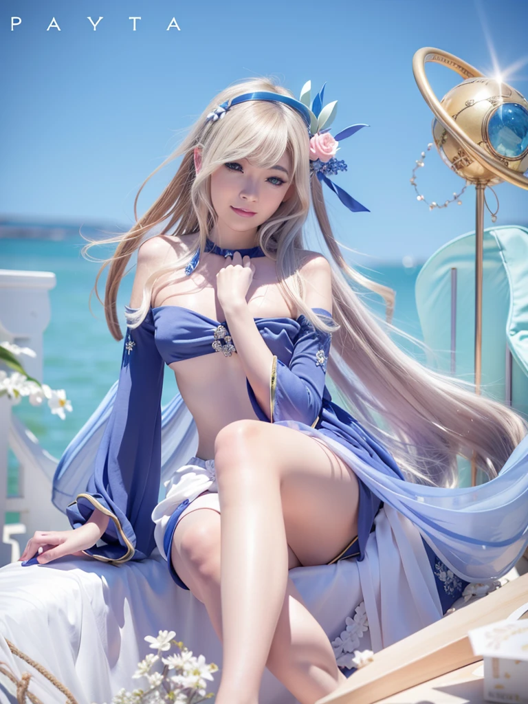 a beautiful woman in a mini blue queen dress, smiling, detailed beautiful eyes, white hair, crown, long eyelashes, blue painted nails, earrings, sensual, makeup, ultra-detailed, 8k, photorealistic, fantasy, cinematic lighting, wearing pearl accessories, elegant, regal, headband 3 horns, sitting gracefully