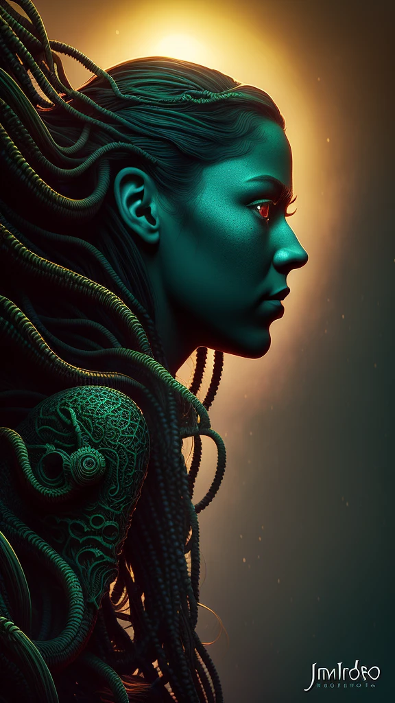 (better lighting, better shadow, work of art, high quality), in profile, (((close-up of the face))), beautiful face of a girl, 18 years old, looking at the horizon, (with flowing dreadlocks :1.1), photography professional, dark dense forest, waterfall, sunset, sharp symmetrical artistic art, dan mumford style, HDR, realism, 8K, dark fantasy atmosphere, lovecraft style, (JimJorCrafLogo art style:1.3), (close up view)
