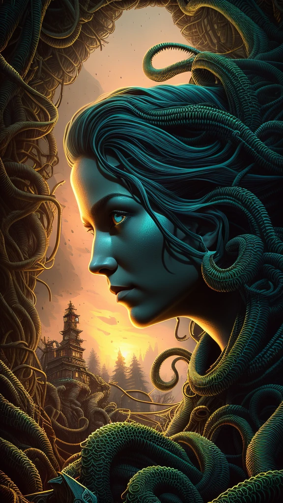 (better lighting, better shadow, work of art, high quality), in profile, (((close-up of the face))), beautiful face of a girl, 18 years old, looking at the horizon, (with flowing dreadlocks :1.1), photography professional, dark dense forest, waterfall, sunset, sharp symmetrical artistic art, dan mumford style, HDR, realism, 8K, dark fantasy atmosphere, lovecraft style, (JimJorCrafLogo art style:1.3), (close up view)