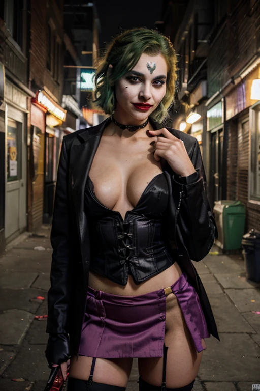 Create an image of a Indian female version of the Joker from Batman. on the city street, cinematic light, beautiful woman, skinny, medium breasts, detailed face, smile, facing the camera, photo taken from a distance, with bright green hair styled in a wild and unkempt manner. Her makeup should include white face paint, dark, exaggerated eye makeup, and a red smile that extends beyond her lips, red lipstick extends her lips reaches her chin creating a smile curve, similar to the classic Joker look. She should be dressed in a stylish yet eccentric outfit, combining elements of the Joker's traditional purple suit with a feminine twist, such as a tailored purple blazer, green corset, and short skirt. (Skirt lift), lifting skirt in one hand), (genitals visible), (private hair), Add accessories like gloves, a cane, or playing cards to enhance her villainous persona. The background should be a dark, Gotham City alleyway, with a hint of graffiti and a moody, atmospheric lighting, white face painting, red smile, green hair