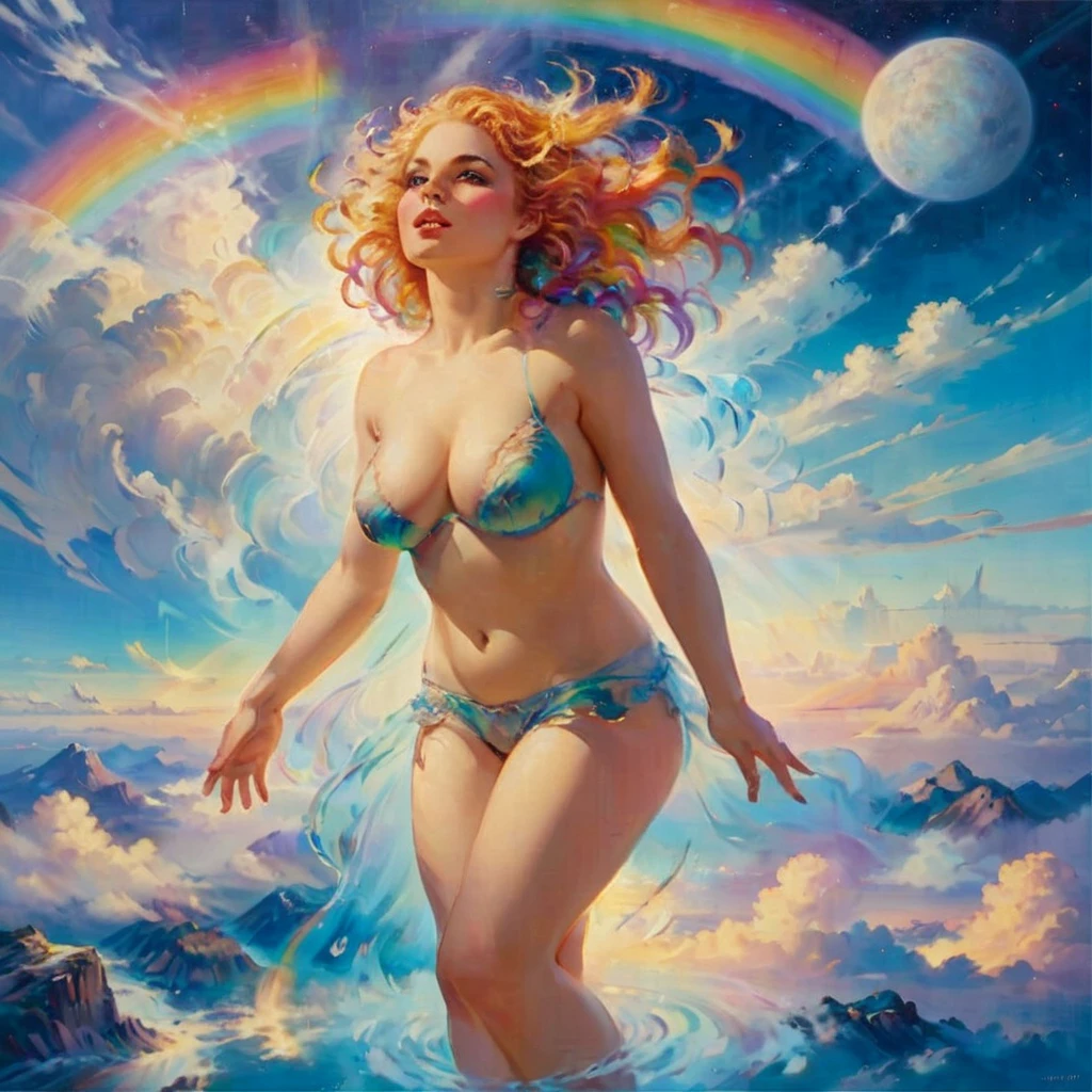 A stunningly ethereal woman, composed of a dazzling array of rainbow hues, lays gracefully on fluffy clouds in the sky. Bathed in dynamic and enchanting rainbow lighting, accentuates her vibrant, full-bodied form. Fantasy art. Masterpiece