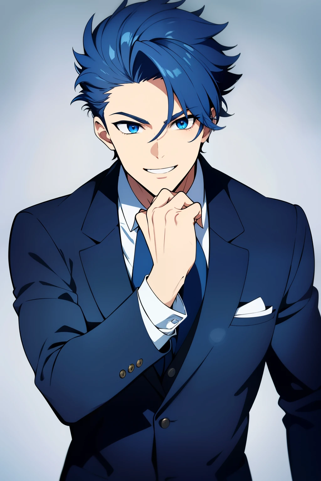 (high-quality, breathtaking), (expressive eyes, perfect face) 1boy, male, solo, dark blue color hair, blue eye color, curly spiky hair, medium hair length, cute face, masculine face, suit, shirt, happy expression, smile, dynamic pose, stylish pose