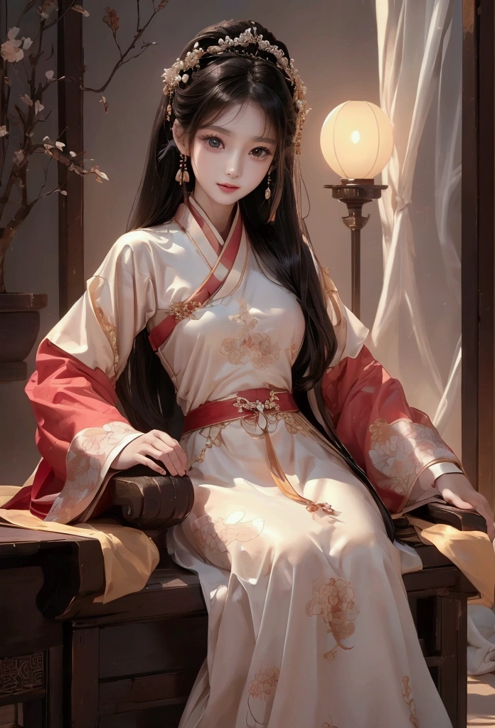 Best image quality、8k、masterpiece:1.3))、Realistic high-quality photos、Highest quality、 Beautiful face、Photos of slim models、Beautiful girl model、Young and pretty face、Beautiful model girl、A lovely and delicate face、Black Hair、Beautiful brown eyes、Young Body、Hanfu, (emphasize)、from the front、Camera gaze,、Anatomically correct、胸の谷間をemphasize、whole body、13-year-old female model、smile
