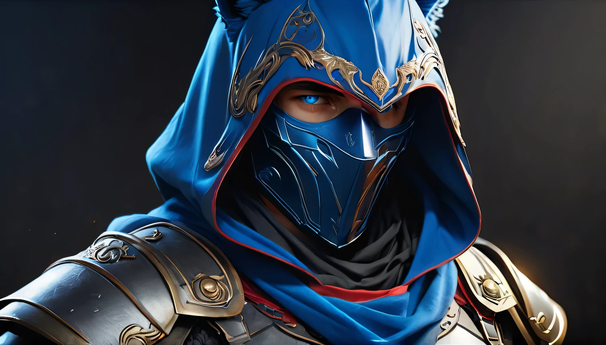 Create realistic image features a character with a stylized appearance, reminiscent of a character from a unreal engine 5, level design, high quality. The man has a predominantly blue color scheme, with a blue hood that covers the head and neck and one of his eyes, and a blue mask that covers the face, leaving only the eyes visible. The eyes are a striking blue with a glowing effect, giving the character an intense and mysterious look.

The man, Dejan Dedić face, with a muscular well-built physique. Short black wavy hair with one blonde lock in front of his hair. The mask has intricate details and patterns, suggesting a high level of craftsmanship or technology. He's wearing a red garment underneath the blue hood and mask, which is partially visible at the neckline.

He's also wearing a black armor-like piece that covers the chest and shoulders, with a red wolf emblem or insignia on the left side. The armor has a metallic look with a detailed design, and there are hints of a silver or gray color on the right side of the armor.

The background of the image is dark and nondescript, which helps to focus attention on the character. The overall style of the image is realistic with a high level of detail, particularly in the textures and lighting effects.