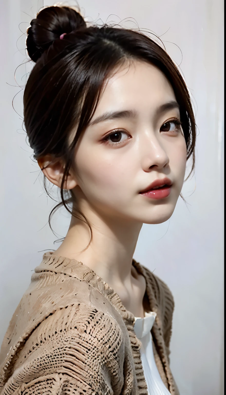 (raw photo、top quality)、(realistic、realistic:1.3)、top quality、masterpiece、very delicate and beautiful、A hvery detailed、nffsw、A sense of unity、2k wallpaper、magnificent、Every detail is beautiful.、masterpiece、laugh、top quality、Hvery detailed ticker Unity 8K wallpapers、huge file size、very detailed、highest resolution、very detailed、1 woman、slim body、D cup、(Black leotard top:0.7)、(pink skirt:1.2)、(bun hair)、(brown hair)、look ahead、sharp focus、face close up、pure face_v1:0.8 Short hair、Instagram、Viewer's Perspective、selfie
