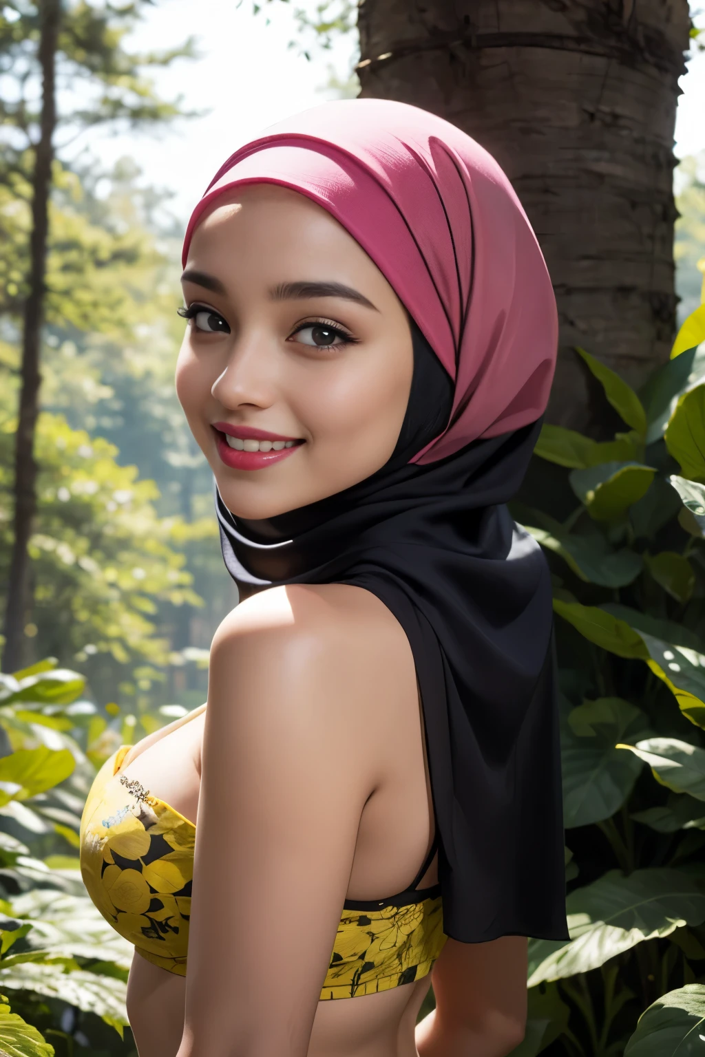 (((HIJAB))), (Happy smile), (((HIJAB latin female))), masutepiece, High quality, UHD 32K, Realistic face, Realistic skin feeling , A latina Lady, 18 years old, , , (((big CHEST))), (daylight forest), ((look In front  at the camera)), (((yellow))), (((hot latina))), ((PINK LIPS)), ((Floral Pattern)) little wearing strapless bra, strapless colorful bra, bright background , forest, horror scary place (from behind up) seductive pose