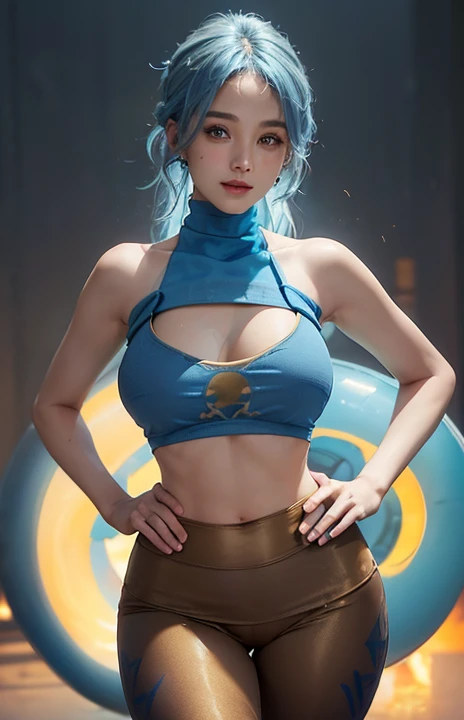 best quality,Limbs、Whole finger、Woman with light blue hair、Wavy hair woman、Huge breasts、Slim beauty、1 female、(((A woman wearing a blue tube top:1.3))), Gold pattern high waist、(((woman wearing brown yoga pants)))、A bright smile、Hands on hips