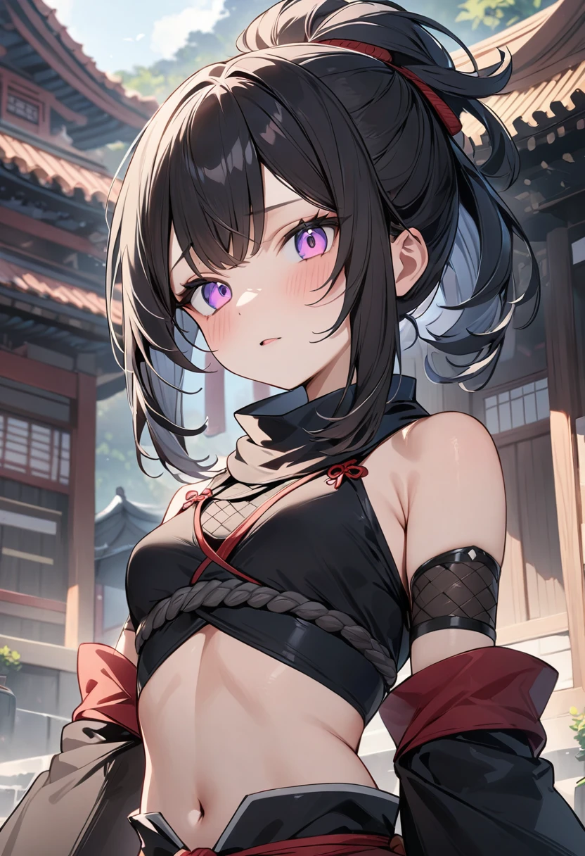 (masterpiece, top quality, very aesthetic, 4k、illustration), intricate detail, 1woman,Standing 、(upper body)、(),Cute 、clear face、Random Hair Color、,middle hair,sidelock ,Random Color eyes、ninja clothes、small breasts、Slim 、