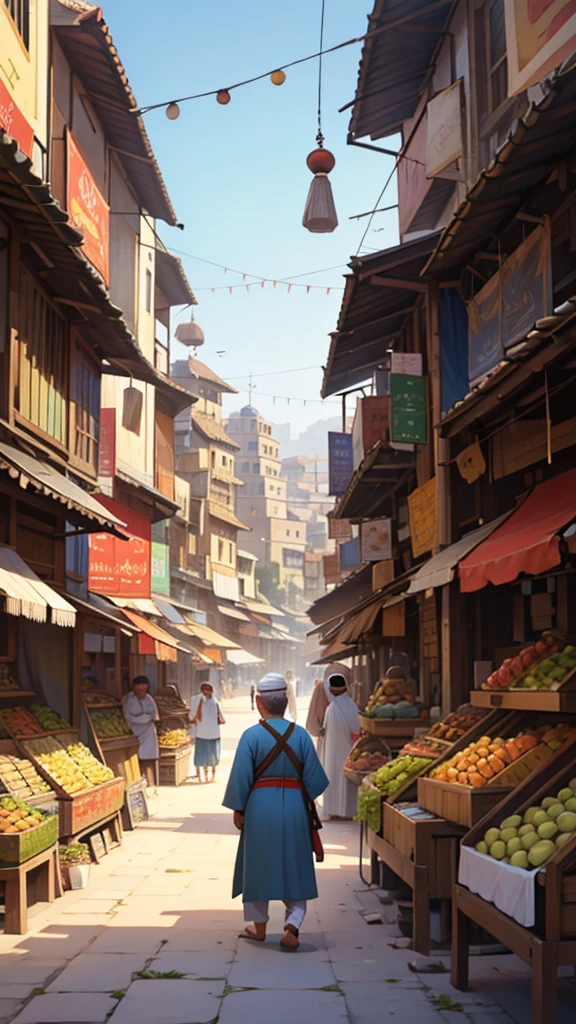 Illustration of Abu Nawas in traditional attire, with a bustling market and city buildings in the background.