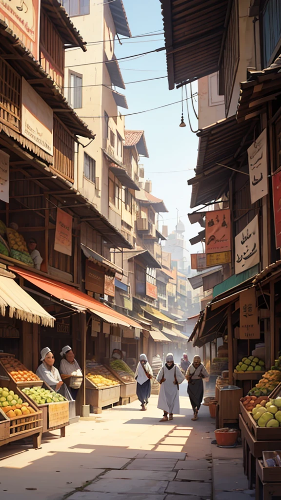 Illustration of Abu Nawas in traditional attire, with a bustling market and city buildings in the background.