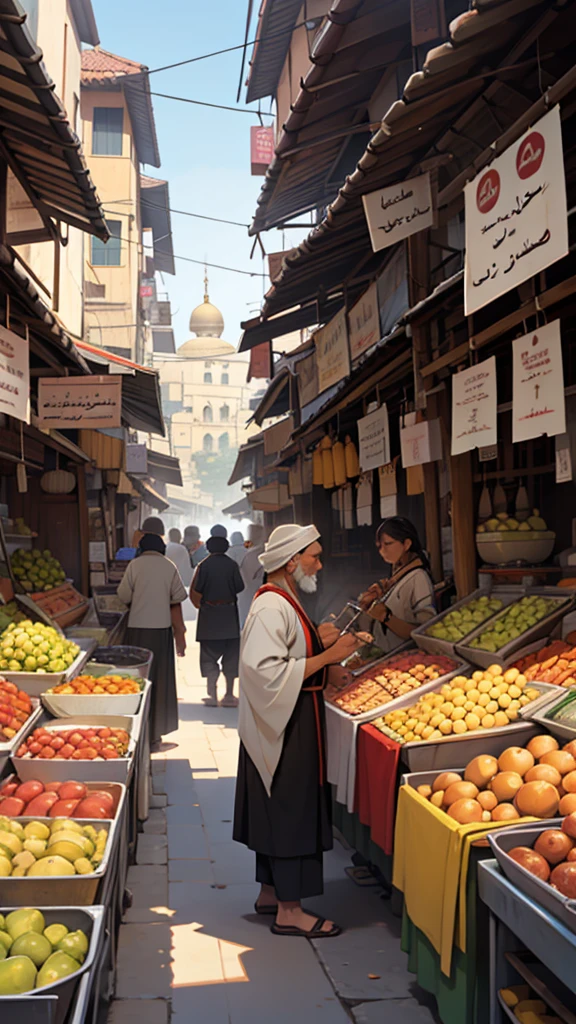 Illustration of Abu Nawas in traditional attire, with a bustling market and city buildings in the background.