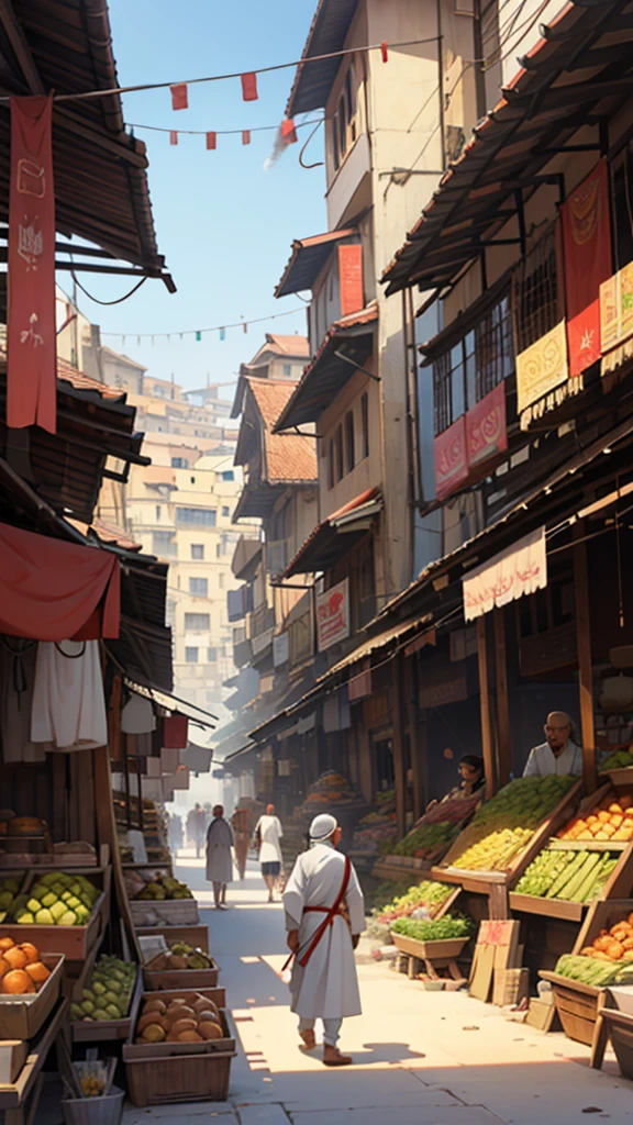 Illustration of Abu Nawas in traditional attire, with a bustling market and city buildings in the background.
