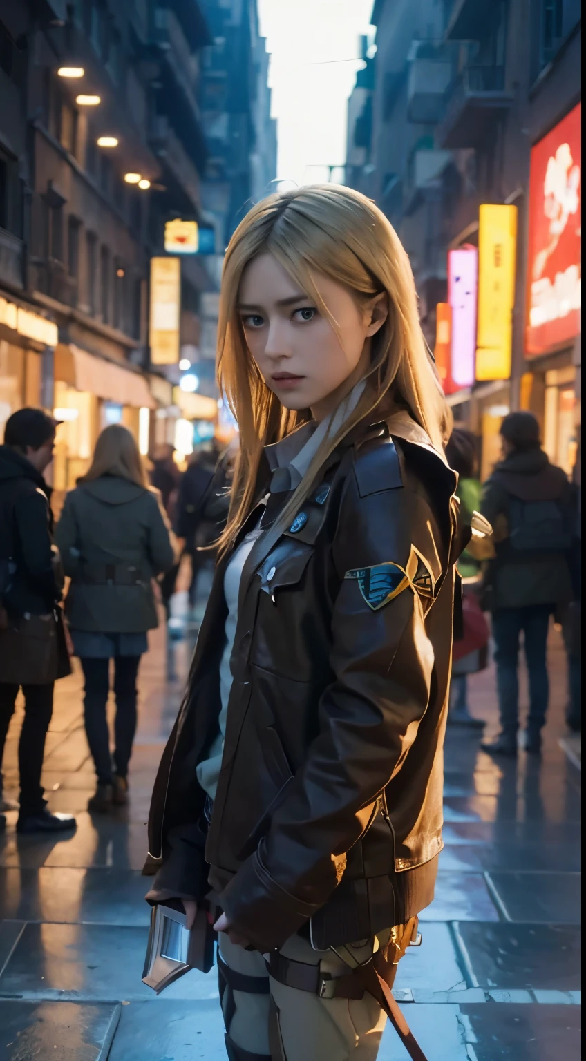Historia reis, Attack on titan, yellow long hair, detailed face:1.2, detailed hair:1.2, detailed hand:1.2, ultra-realistic, ultra-detailed, bestquality, masterpiece.