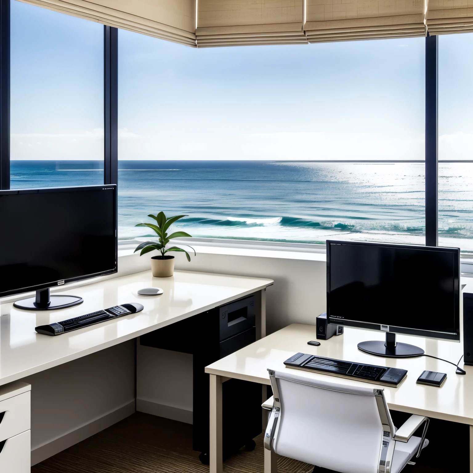 stock investment　Trading Room　desk and chair　Chart screen on a display above a desk　PC monitor on a white desk　stock investmentのチャート画面　A large, luxurious room with a white base　View of the beach from the large windows　balcony　Resort hotels　Foliage plant　The chart screen is displayed on the monitor.　Two monitors
