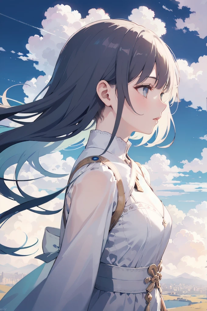 (1girl,(upper body),(double exposure of ancient sky city and cloud:1.25),multiple exposure,highly detailed,by wlop),from side,
//,
1girl in a white dress made of cloudy wind,white wings,fantastic wind,flowing cloud,cloud sea,