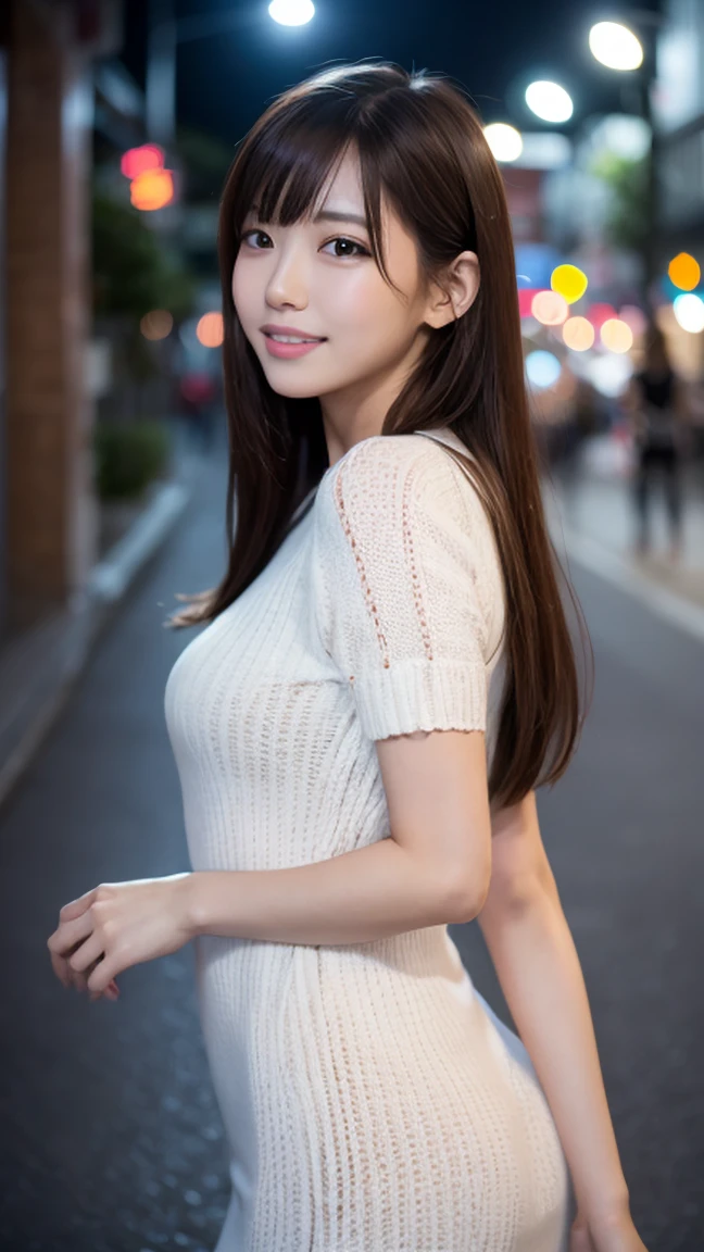 Masterpiece, 1 beautiful girl, A detailed eye, Puffy eyes, top-quality, 超A high resolution, (Realisticity: 1.4), cinematlic lighting, japanes, Asian Beauty, Super beauty, Beautiful skin, A slender, The body facing forward, (A hyper-realistic), (hight resolution), (8k), (ighly detailed), (beautifully detailed eyes), (Ultra-detail)、 (wall-), A detailed face, Bright lighting, profetional lighting, looking at viewert, Facing straight ahead, (The costume a knitted dress), Long hair, hair messy, asymmetrical bangs, night street scene, Brown hair, Japan idle, Korean Idol, hposing Gravure Idol, age25, tall, smile,
