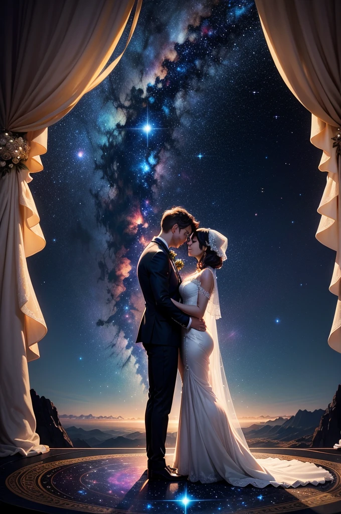In the vast expanse of the modern universe, where stars twinkle like diamonds and planets align in perfect harmony, a nice real-life couple exchanges heartfelt vows amidst the breathtaking backdrop of outer space. Dressed in their best formal attire, they stand before an officiant hologram, their eyes filled with love and wonder as they gaze upon each other. Above them, a canvas of twinkling stars and distant galaxies provides the perfect setting for their unique and otherworldly wedding ceremony. As they seal their commitment to one another, an alien band plays a melodic tune on exotic instruments, their harmonious sound resonating through the cosmos. This unforgettable moment, filled