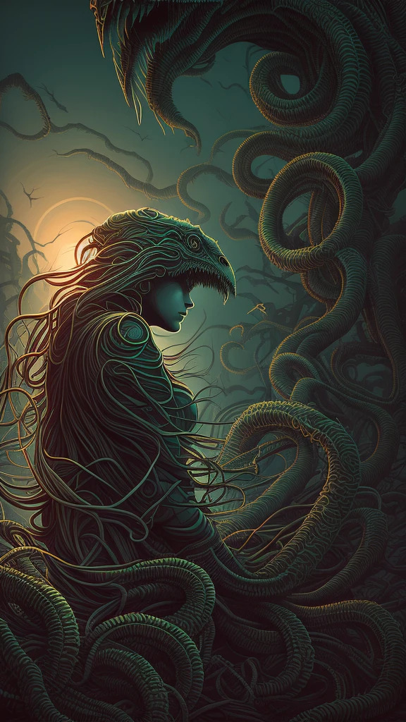 (better lighting, better shadow, work of art, high quality), in profile, (((close-up of the face))), beautiful face of a girl, 18 years old, looking at the horizon, (with flowing dreadlocks :1.1), photography professional, dark dense forest, waterfall, sunset, sharp symmetrical artistic art, dan mumford style, HDR, realism, 8K, dark fantasy atmosphere, lovecraft style, (JimJorCrafLogo art style:1.3), (close up view)