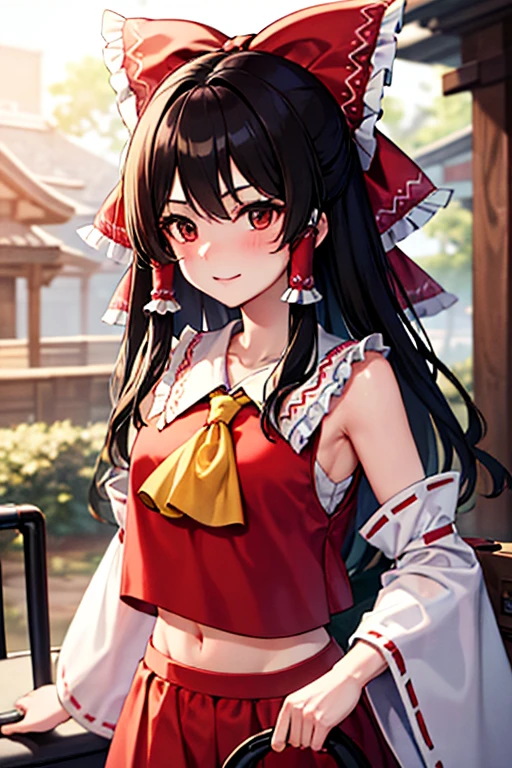 Reimu happily runs through the shrine carrying her luggage