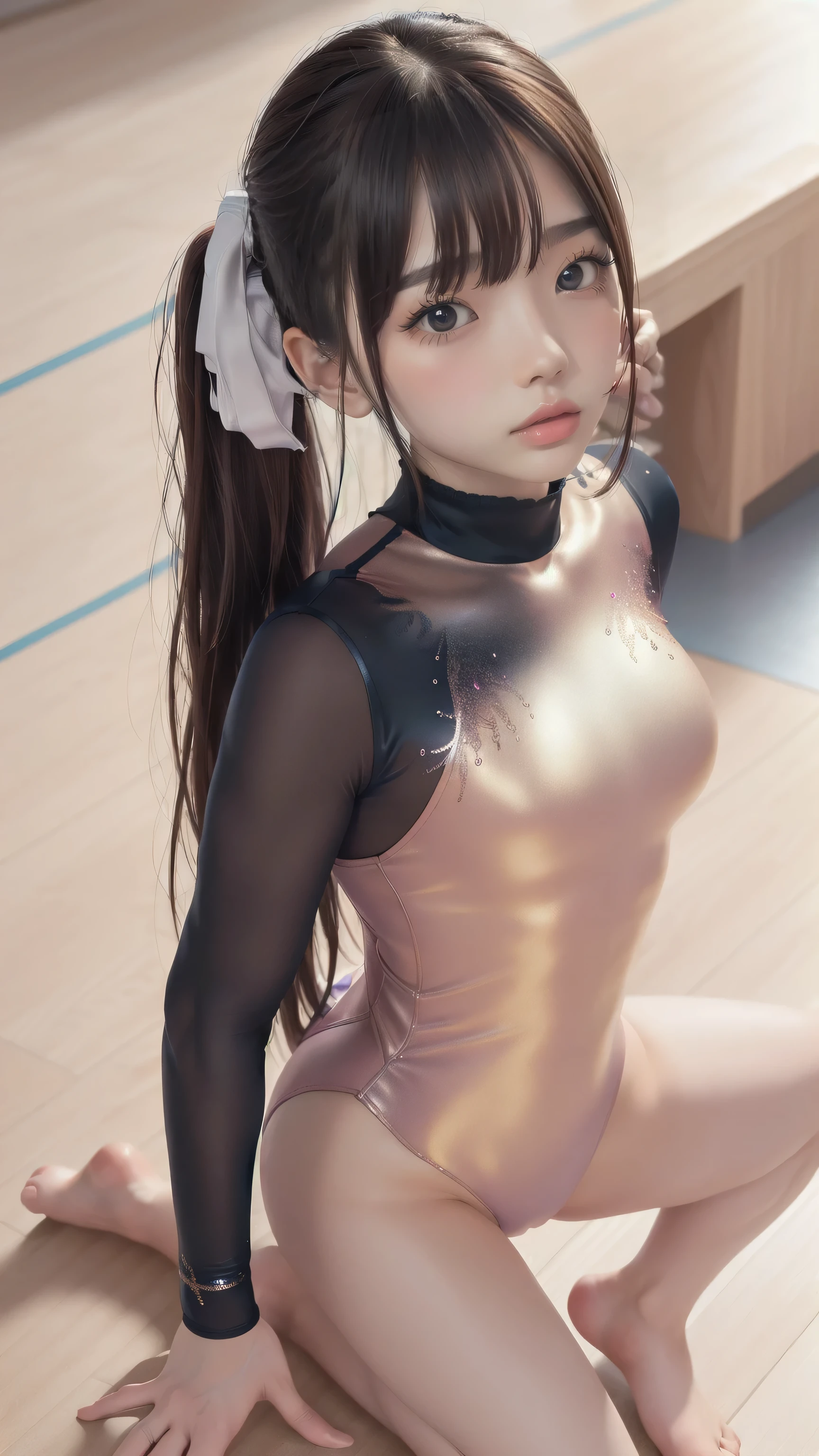 ((indoor, 新Gymnastics Venue, Gymnastics Venue:1.3)), (Highly detailed skin, Beautiful realistic face, White skin, Pointed Chest, Small nipples, Accurate anatomy, Realistic eyes, Natural Eyes, Brown eyes, Accurate eye focus, Accurate limbs), (Hyper Realist, ultra-realistic, 4K, Attention to detail, Ultra-high resolution, Highest quality, masterpiece, Presence, dynamic, Uplifting, bold, Sharpness), (Thinning hair:2, Soft Hair:2, Straight hair:1.5, Long, slicked bangs, Light copper amber hair, Hair on one eye, Twin tail hair), (Female gymnast, Detailed costume, Wearing a long sleeve leotard:1.5), Shiny long sleeve leotard, Metallic colors long sleeve leotard, Racing long sleeve leotard, Gymnastics Long Sleeve Leotard, ((High leg long sleeve leotard, Long sleeve leotard with crystal embellishment)), ({Metallic red color| Metallic purple color| Metallic white color| Metallic navy color| Metallic pink color| Metallic gold color| Metallic silver color| Metallic black color| Metallic colors}Long sleeve leotard colors), (Big Breasts:1.5), Tall, Elongated arms and legs, Small waist, Small hips, ((On all fours, Doggy style, I'm sticking my butt up, Sticking out her butt)), Accentuate your buttocks, The long-sleeved leotard is digging into her butt, Full body portrait, Put your chest close, Emphasize the chest, Looking into the camera, smile, barefoot, (Underhair does not grow),