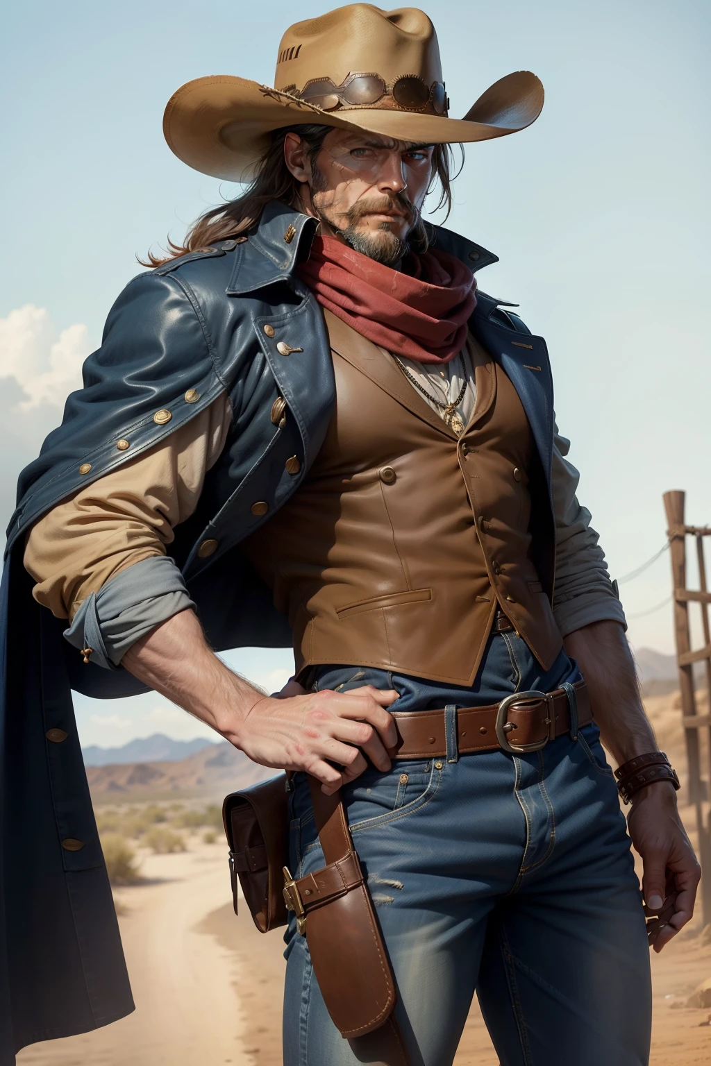 Corporal Steve: Corporal Steve is a robust and determined figure, embodying the spirit of the old west. He wears a large, weathered cowboy hat that shields his face from the harsh sun, its brim dipped in the hues of countless dusty trails. His attire includes a blue coat adorned with gold details, a testament to his rank and the nobility that underlies his authority. A scarlet bandana secures around his neck, a vibrant splash of color against the coat's deep blue. He dons sturdy denim jeans, tailored to navigate the most difficult terrain, and brown leather cowboy boots that round off his traditional outfit. Always